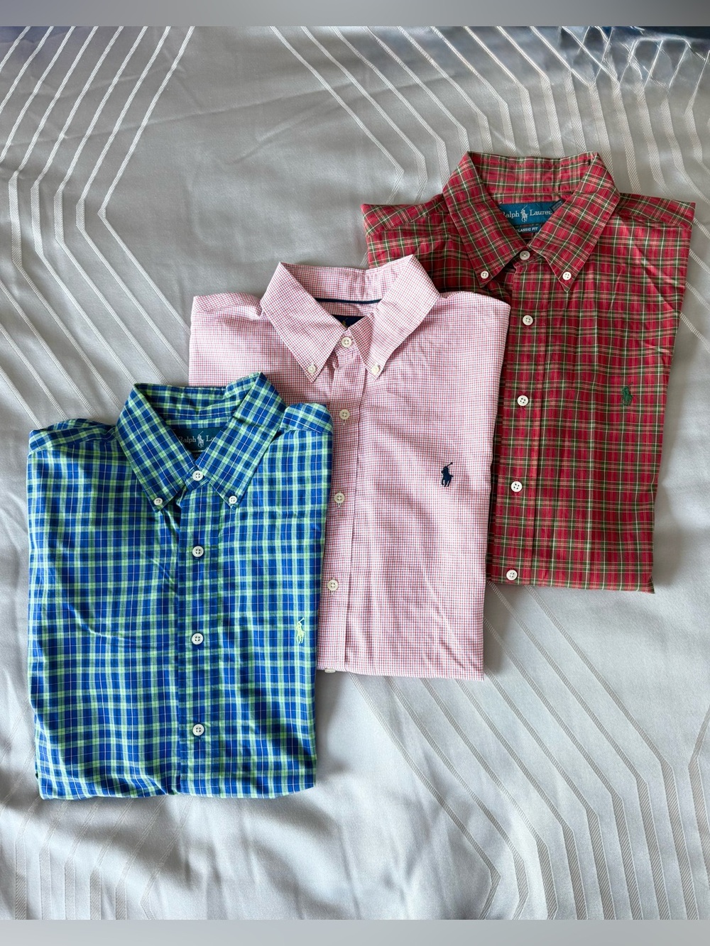 EUC Lot of 3 Ralph Lauren Menβs Red Blue Button-Up Shirts ~ 100% Cotton ~ L